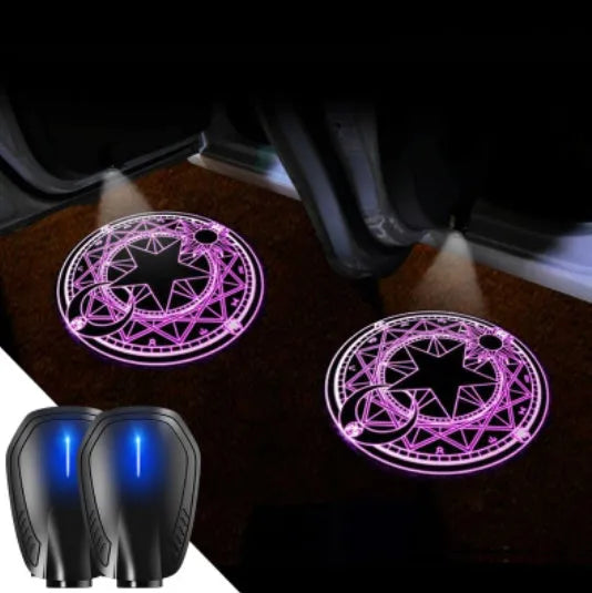 Car HD rechargeable wireless door welcome light with blue horse design mounted on vehicle door