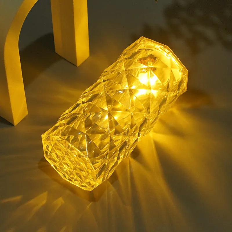 Crystal rose atmosphere lamp with plastic lampshade, 12cm tall, battery-powered, emitting warm yellow light