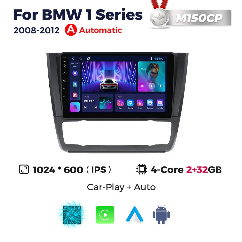 BMW E87 dashboard showing installed 9-inch Android car stereo and navigation touchscreen unit