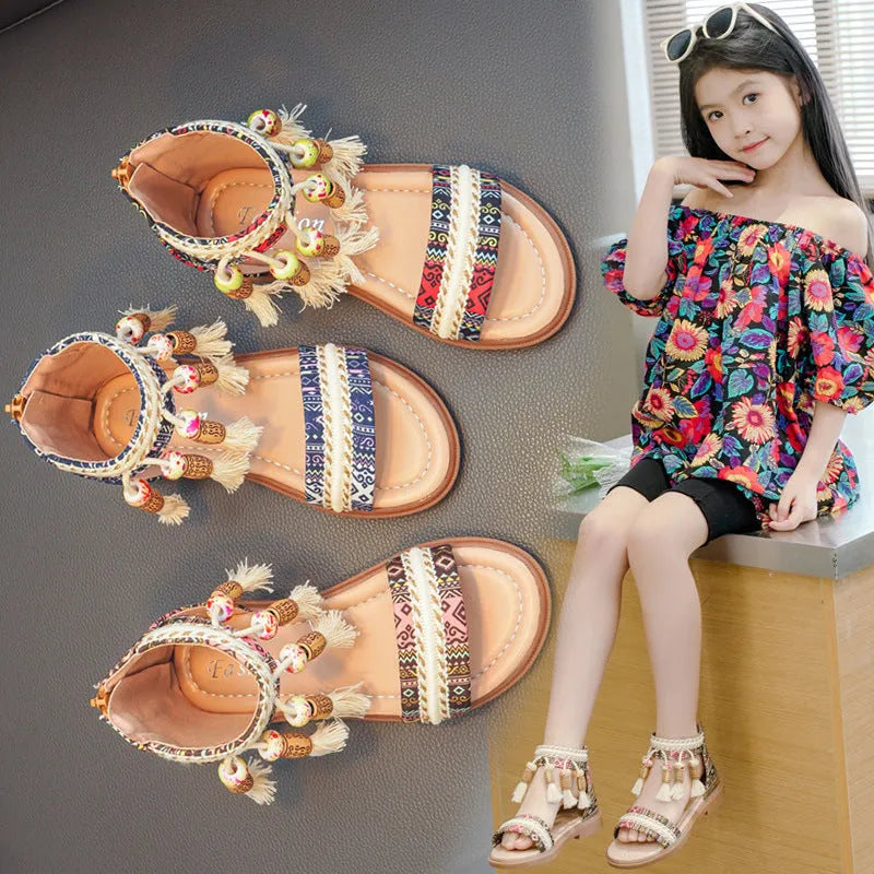 Summer ethnic retro children's Roman sandals with beaded detail, cloth upper, back zipper, in black colour option.