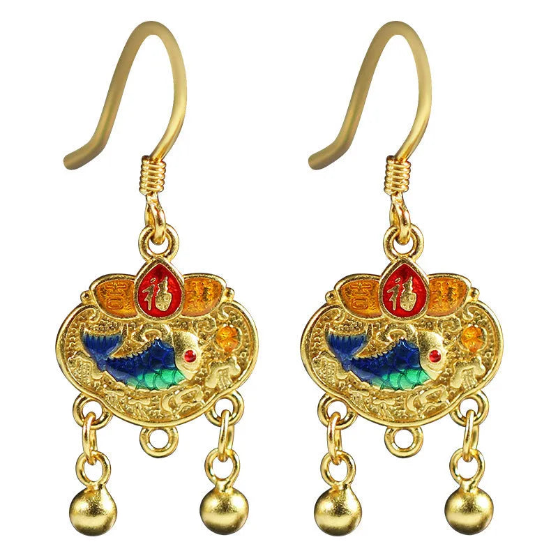 Pair of 925 silver Chinese style auspicious lock eardrops with koi carp and text motif on ear hook fitting