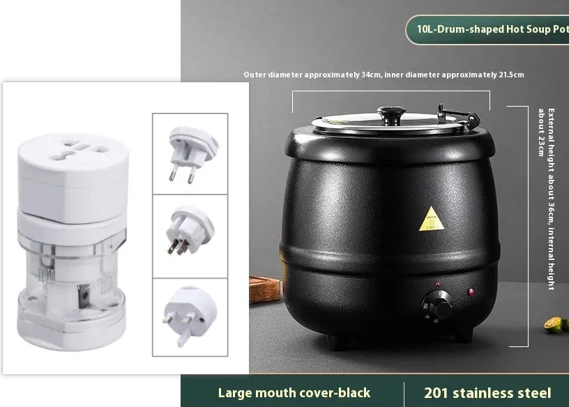 Black stainless steel 10L insulation soup pot with steel cover and adapter plug