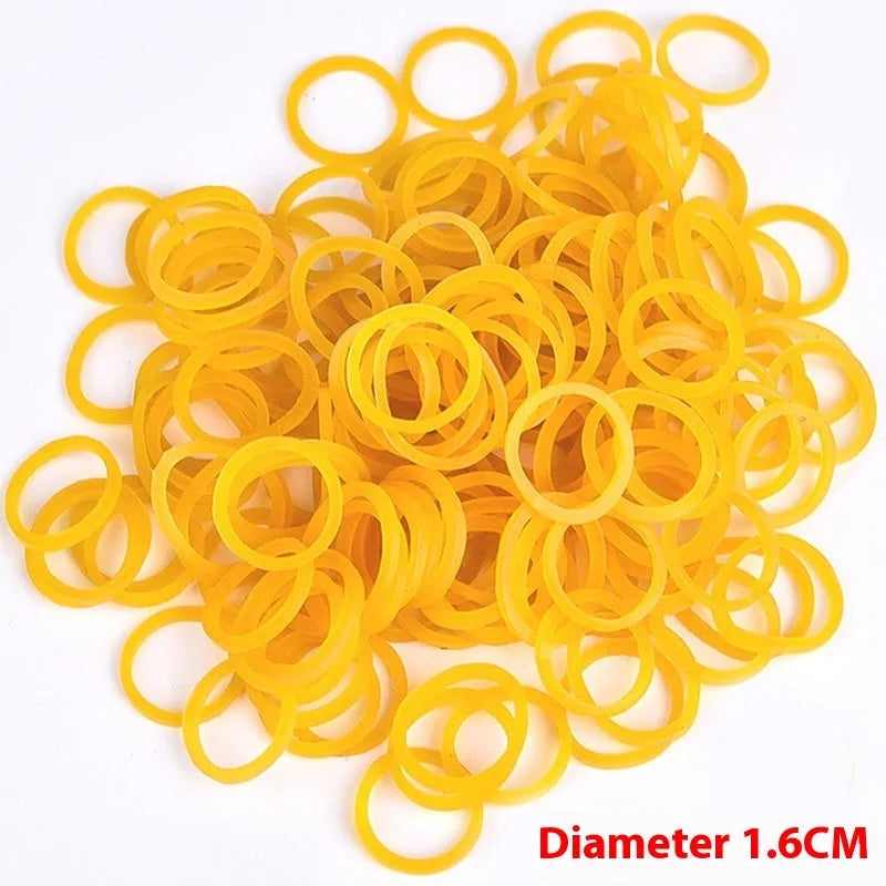 500g pack of yellow rubber bands in seven diameters from 16mm to 70mm