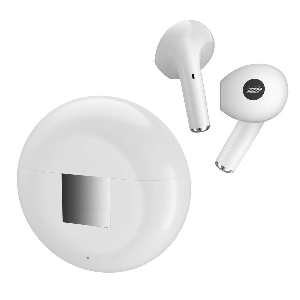 White Budz5 wireless Bluetooth earbuds and charging case on a table
