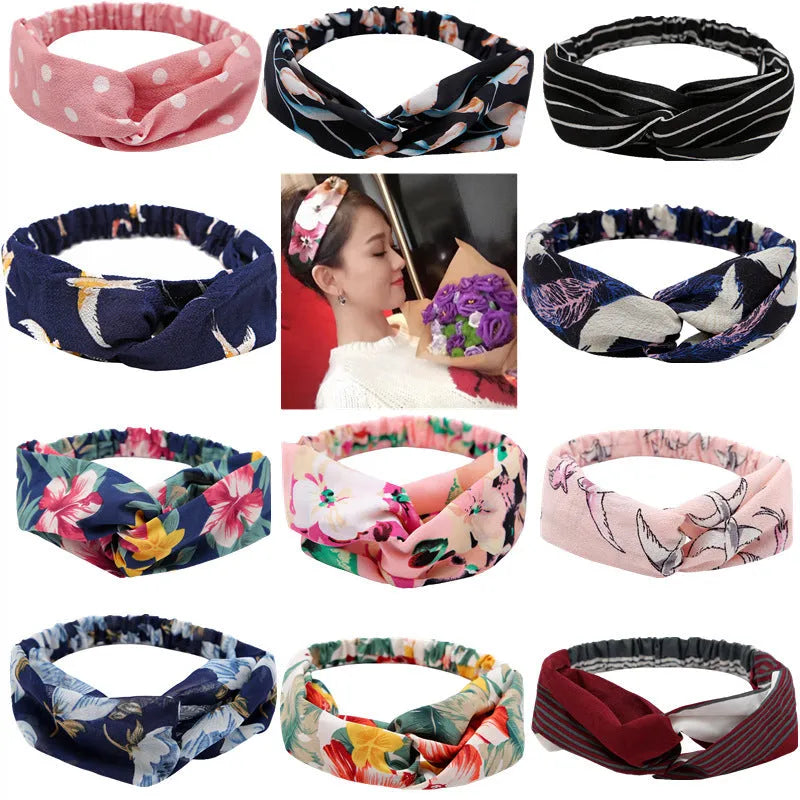 Women's polka dot printed bohemian sweet simple cloth hair band in floral checker pattern