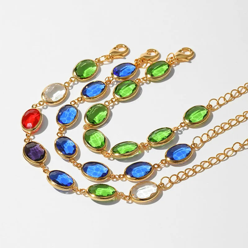 Women's geometric ellipse bracelet with coloured glass inlay on 18K copper in blue, green or multicolour