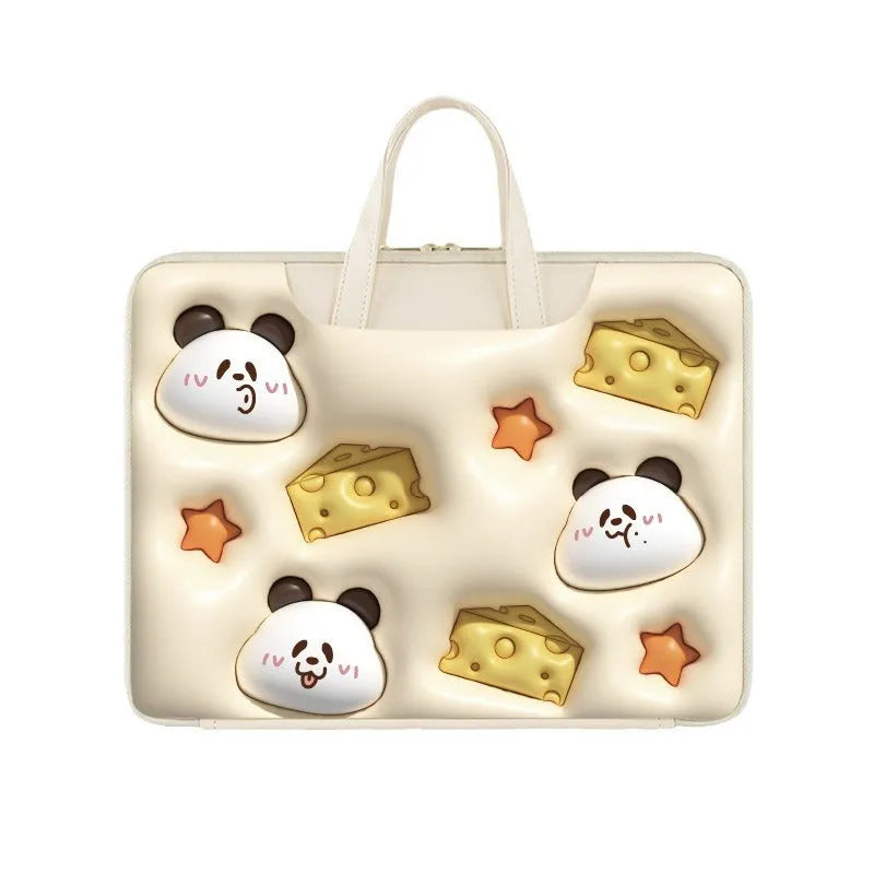 Inflatable laptop bag with PU leather lining and character design hanging from suitcase