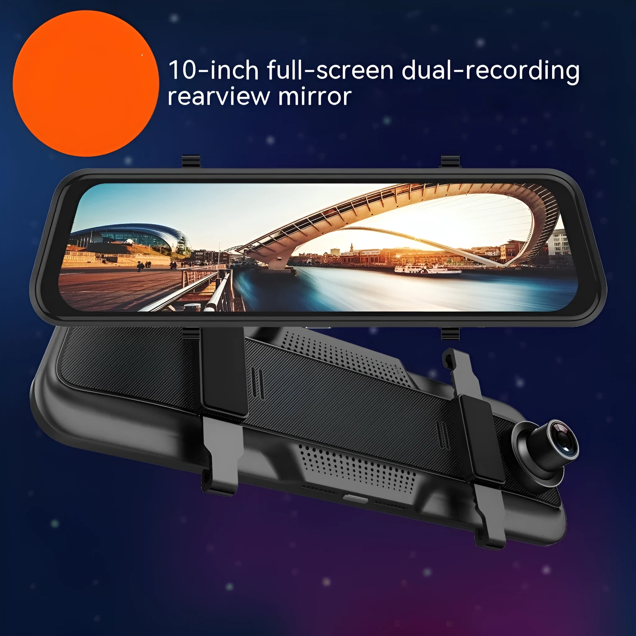 Black rearview mirror dash cam with 10-inch touch screen display, shown with car charger and mounting bracket.
