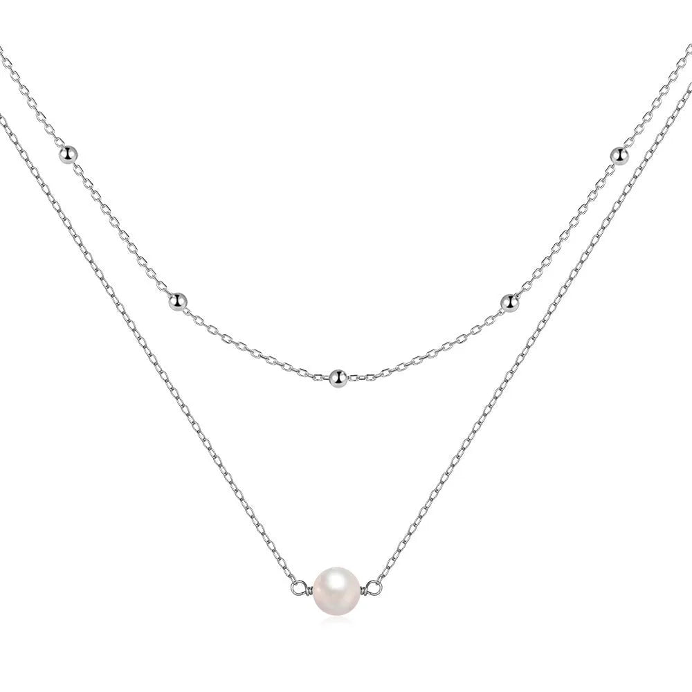 S925 sterling silver double layer necklace with twin pearl geometric pendant on a ball bead chain.