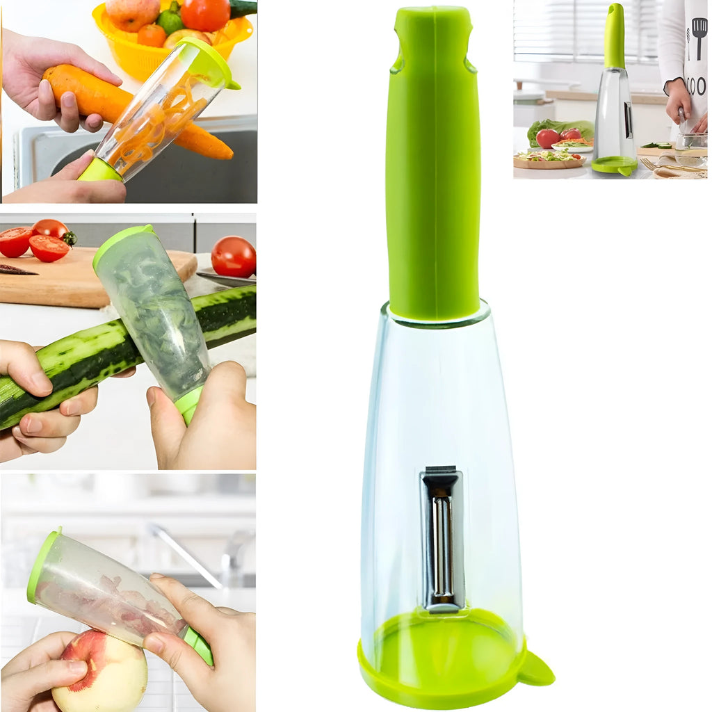 Green multifunctional storage box peeler with built-in rubbish bin for collecting vegetable peelings