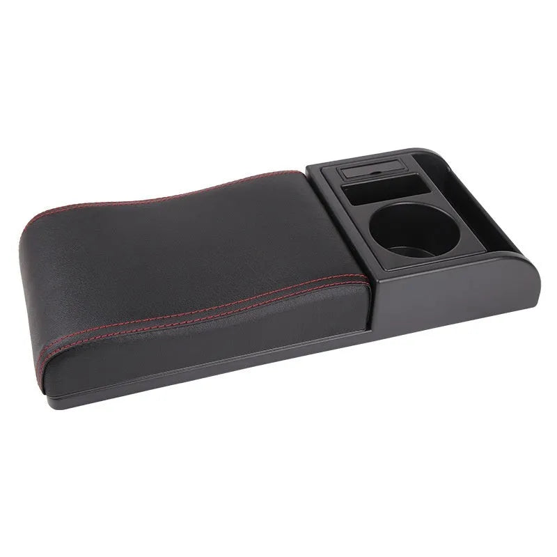 Universal car armrest cover with height adjustment in black PU leather with red stitching