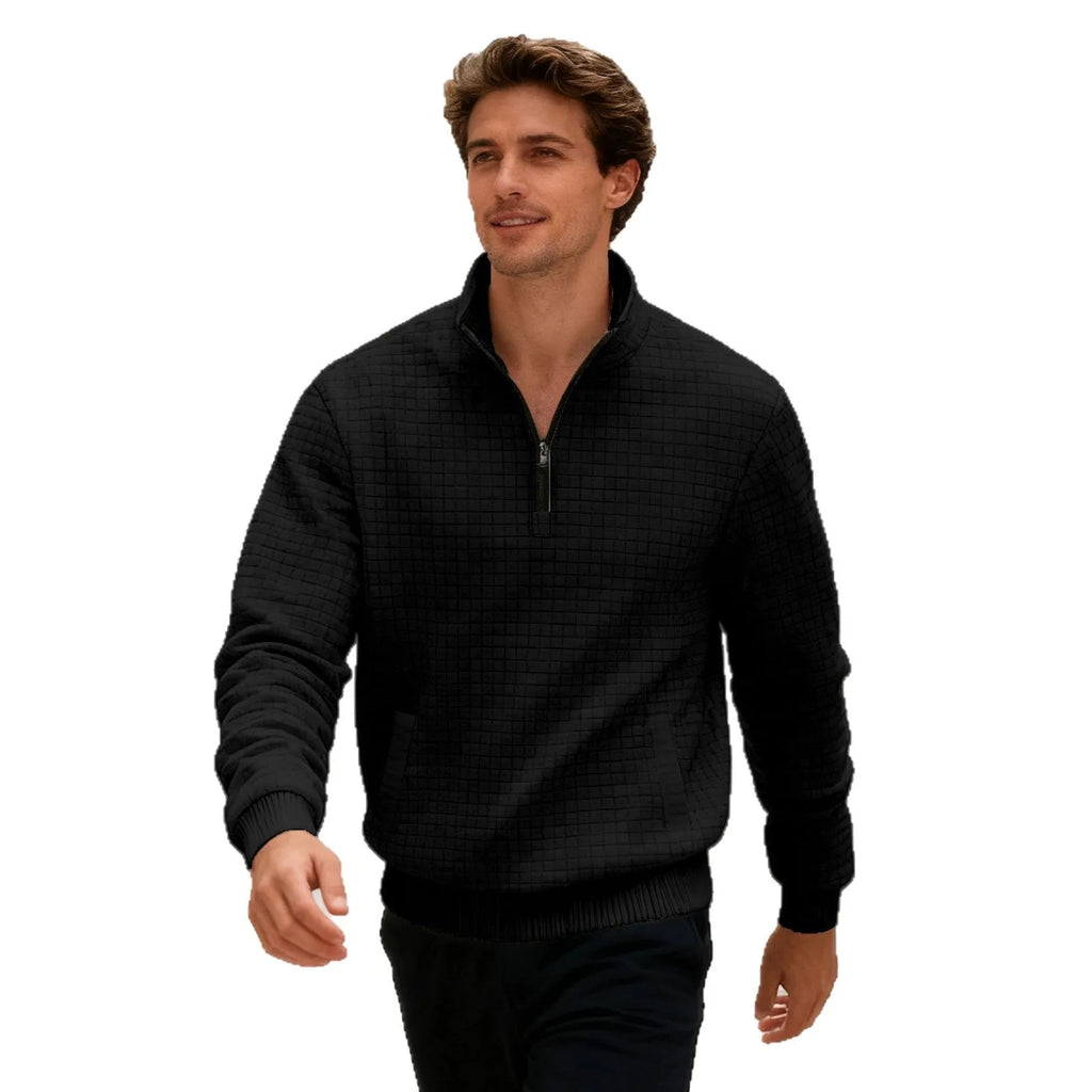 Men's stand-up collar long sleeve jacquard check sweatshirt in light gray, front view
