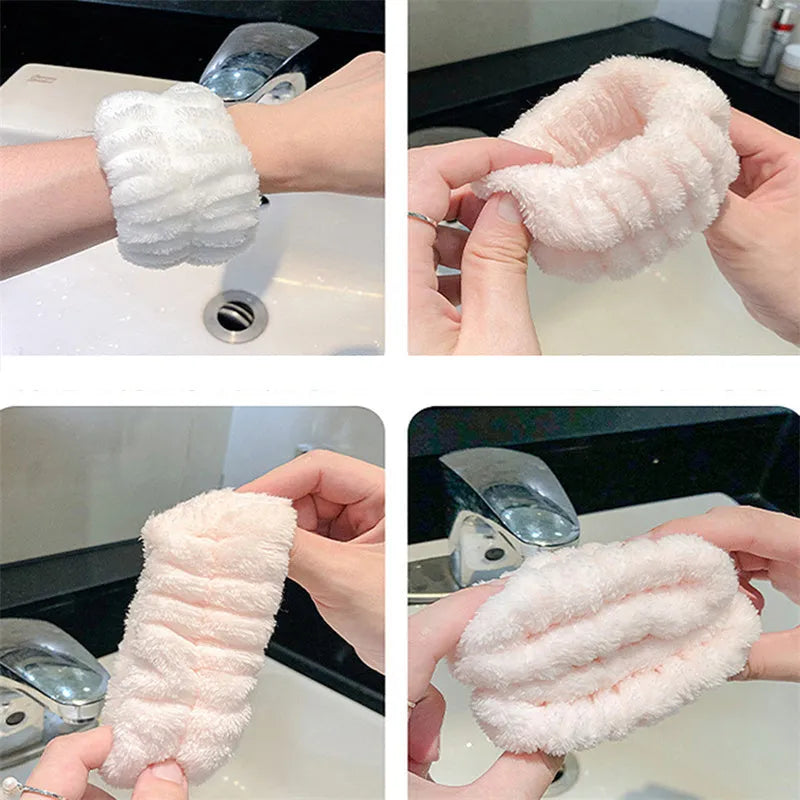 Coral velvet wrist washbands in white, pink, light blue, grey, and lavender for face washing and beauty routines.