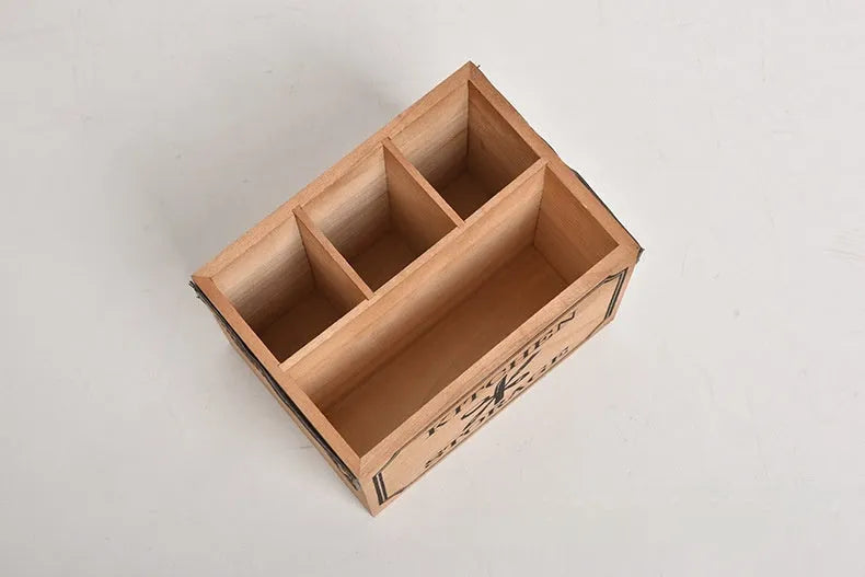 Wooden kitchen storage box with grid dividers for knives, forks and chopsticks