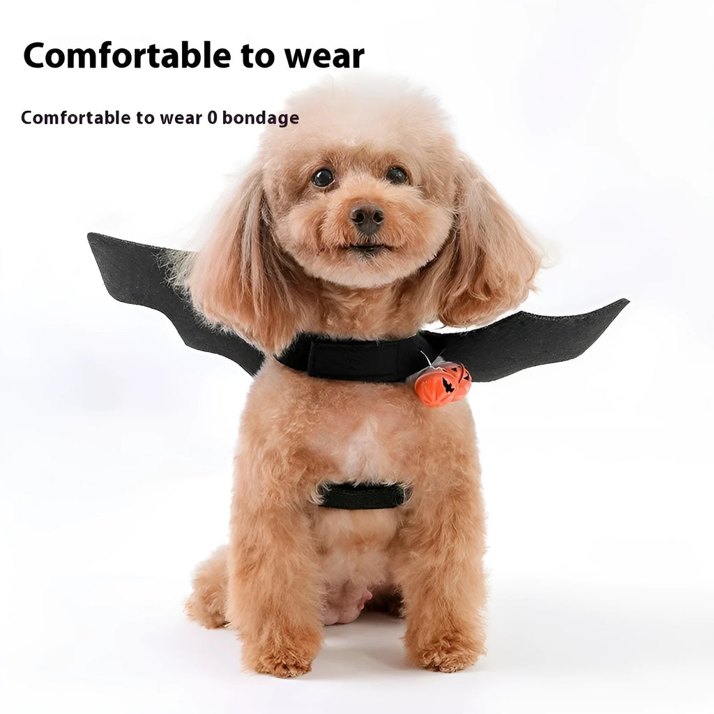 Black wings Halloween felt costume for a dog or cat, shown with a bell accessory.