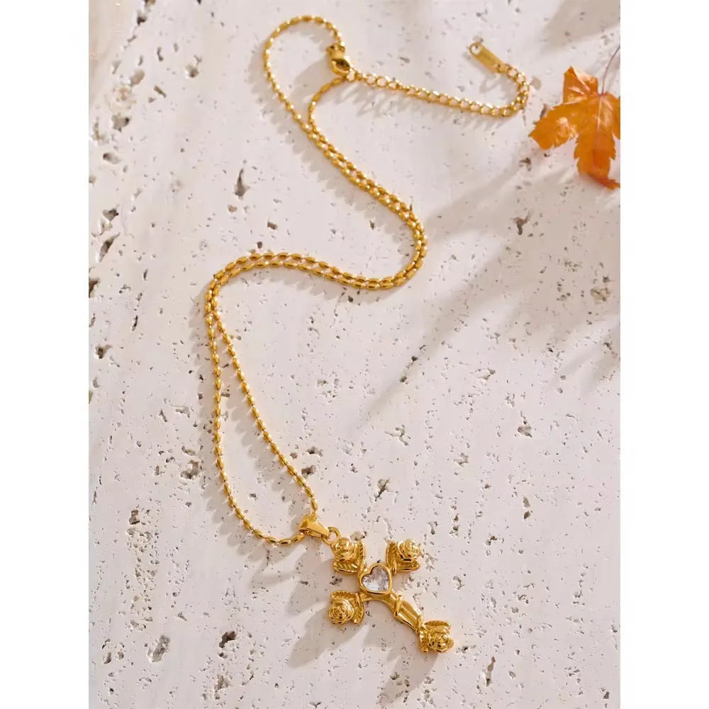 Zircon cross pendant on alloy chain necklace for women in European American style