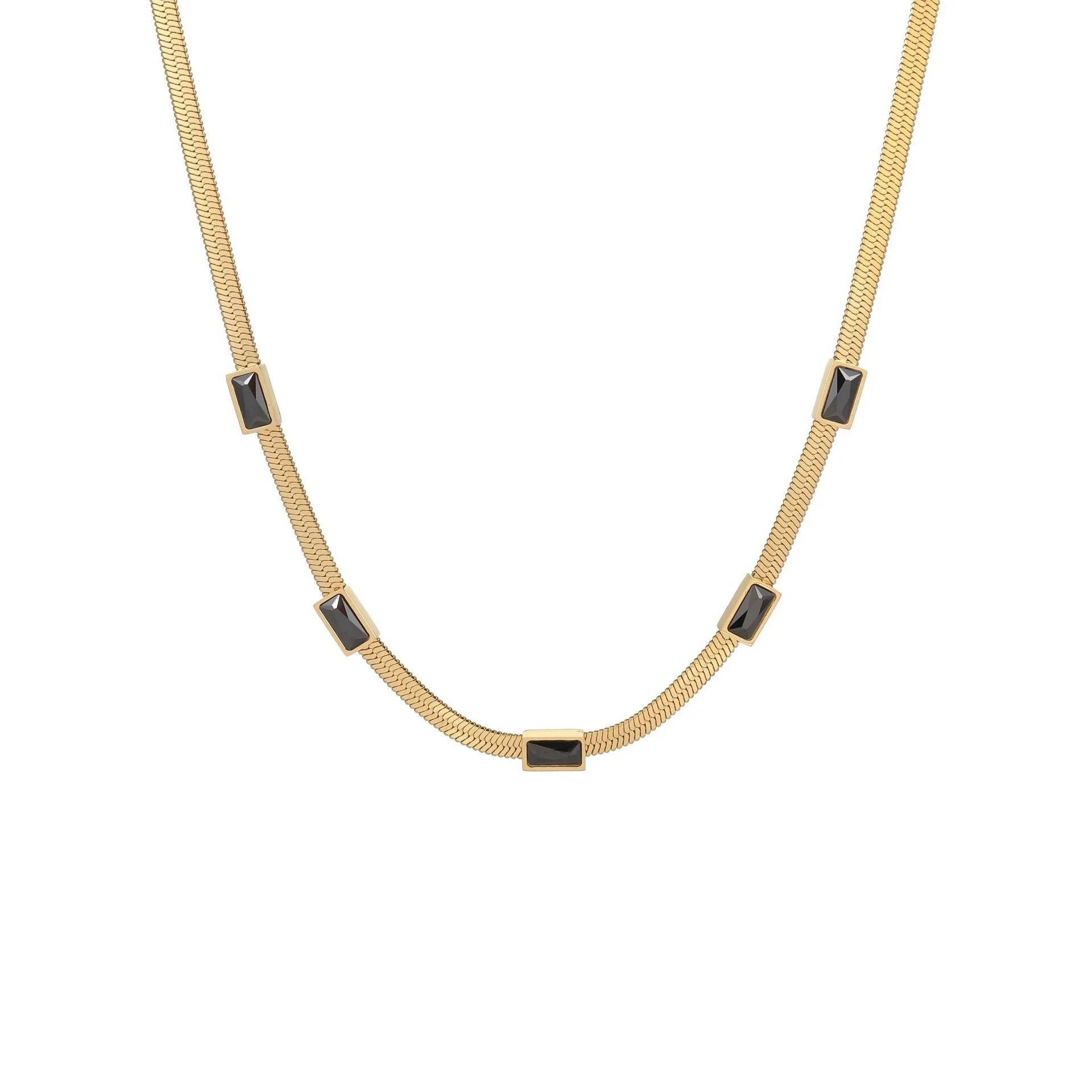Geometric square zircon necklace with flat snake-like chain in stainless steel and electroplated 18K finish