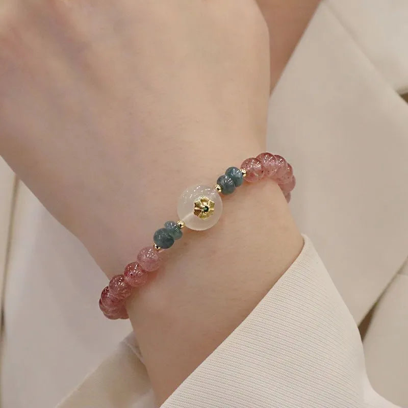 Strawberry quartz bracelet with blue water emerald pendant and Chinese geometric motifs