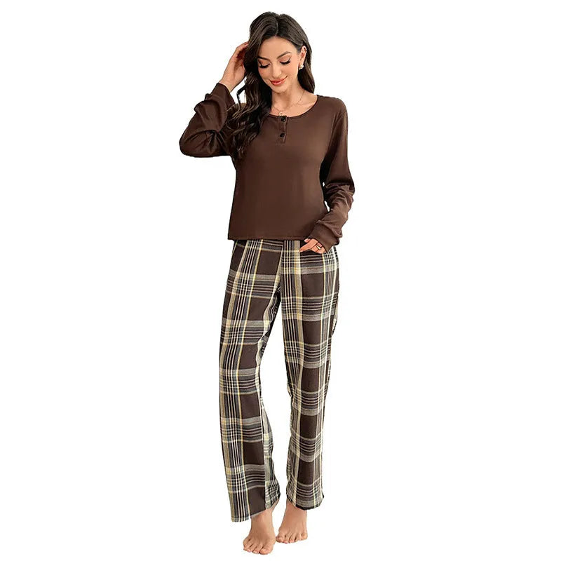 Milk silk plaid button pullover top and trousers set for women in brown and wine red colours