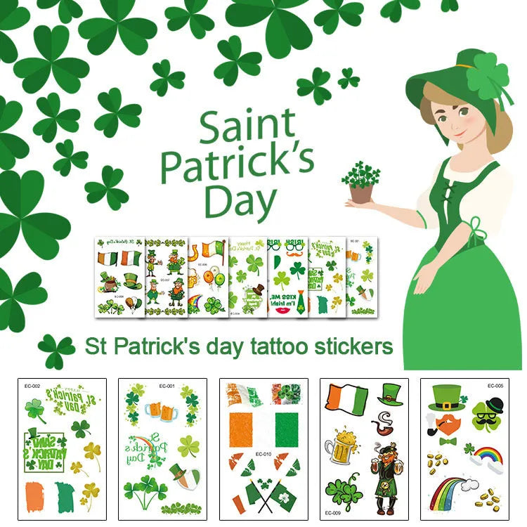 Single sheet of a green St. Patrick's Day clover temporary tattoo sticker, showing water-transfer paper backing.