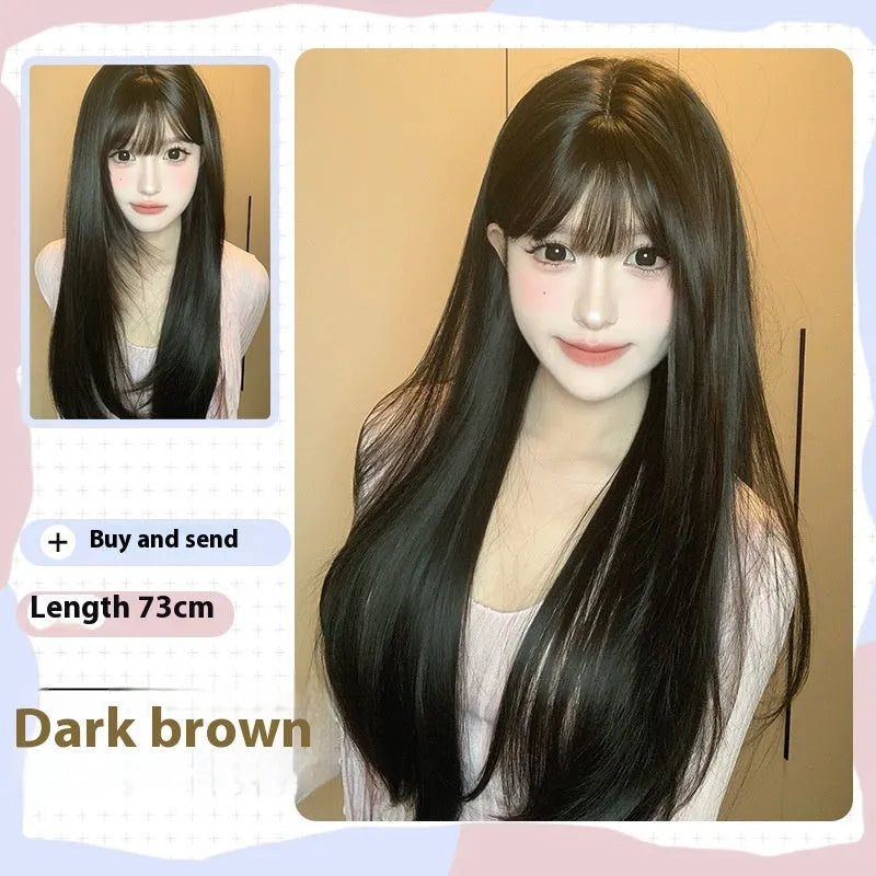 Dark brown full-head synthetic wig with long straight hair and bangs for round face shapes