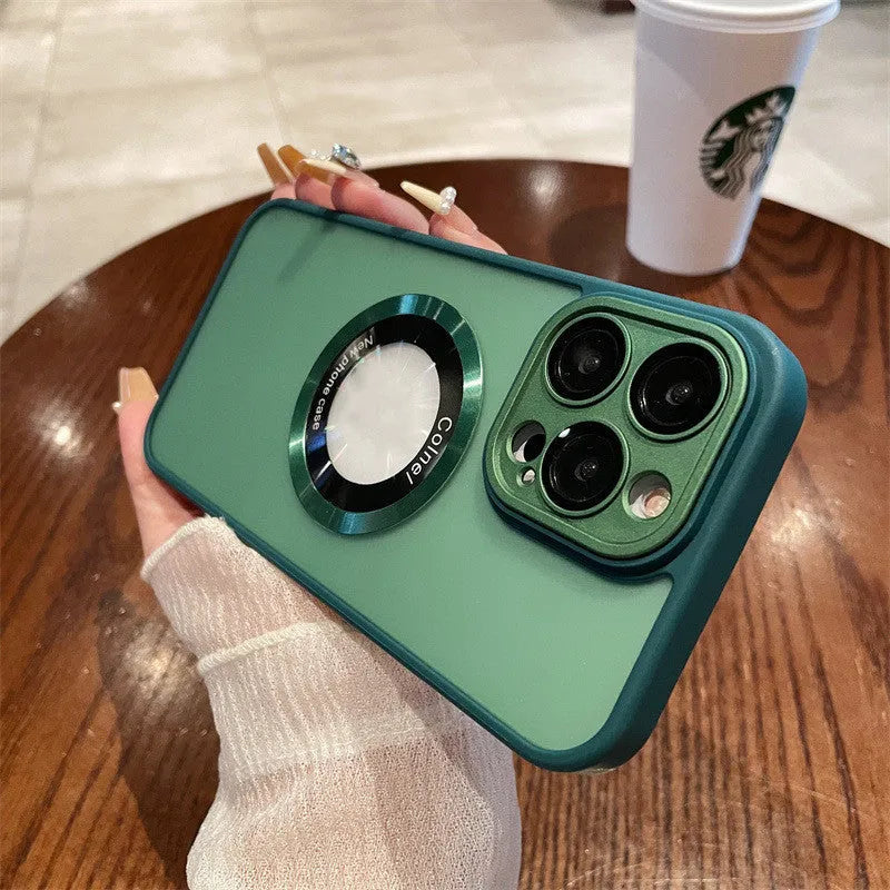 Frosted magnetic suction phone case for iPhone 15 series in blue, black and transparent colours.