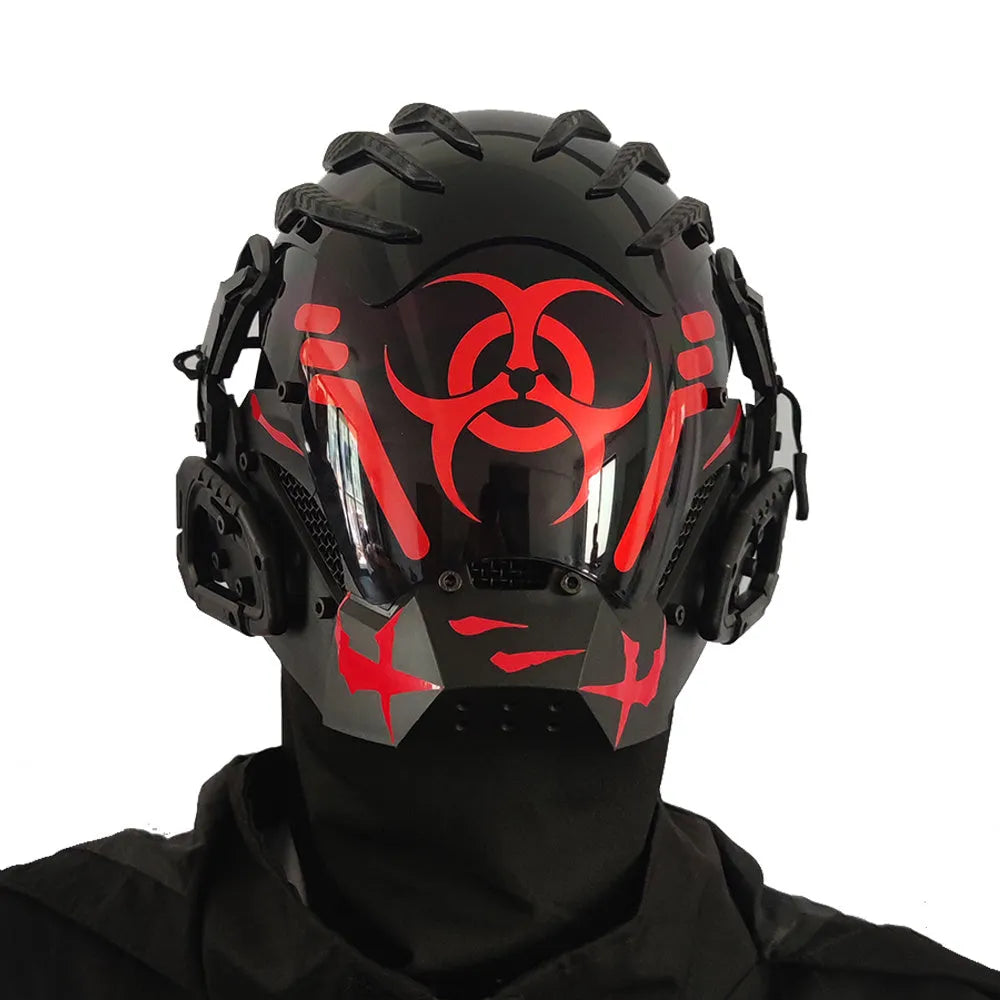 Black full face creative prop helmet mask for cosplay and costume parties, model CYBER04.