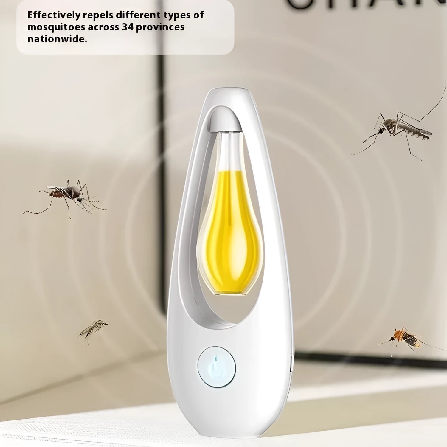 Ultrasonic aroma diffuser unit with dual mosquito repellent and essential oil modes, shown with six scent oil bottles.