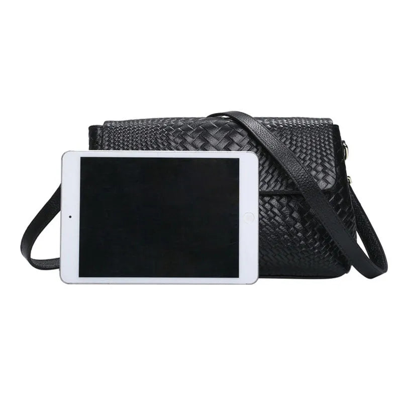 Genuine leather woven crossbody bag black first layer cowhide embossed finish horizontal square shape single shoulder strap