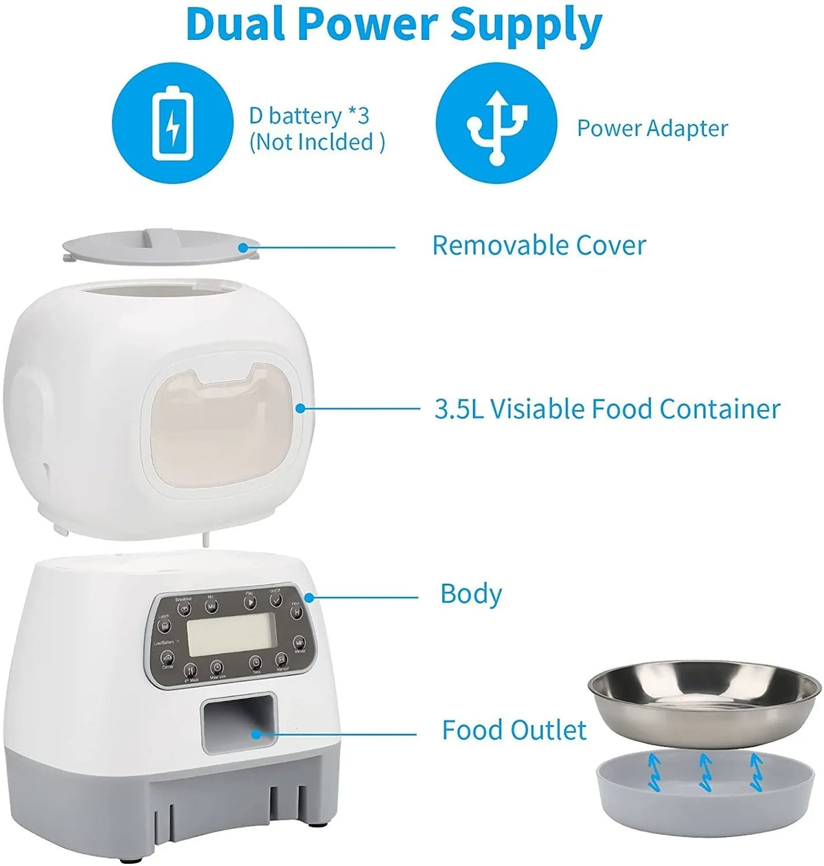 White ABS pet automatic feeder with button control for fixed point and manual feeding for cats and dogs
