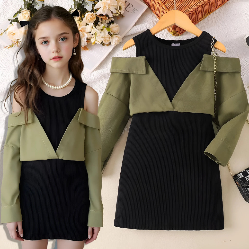Children's off-shoulder long sleeve dress in military green cotton fabric, pullover style, suitable for ages 4 to 7 years