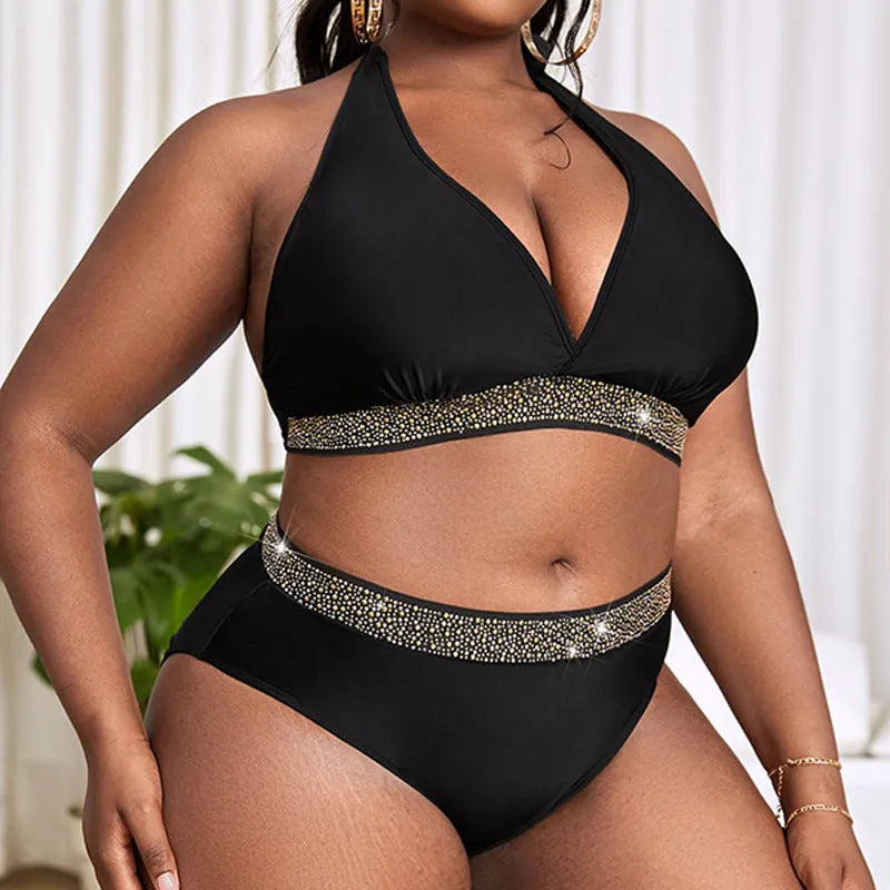 Black plus size women's bikini swimsuit set with bra and shorts, shown on a mannequin.