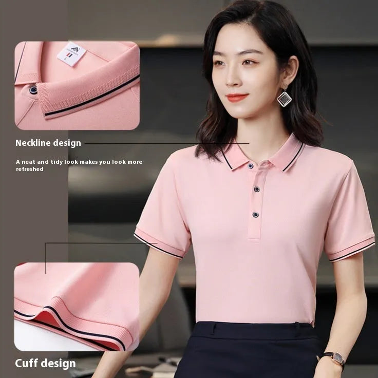 Short-sleeved beautician polo shirt with asymmetric colour panels in cool silk cotton fabric