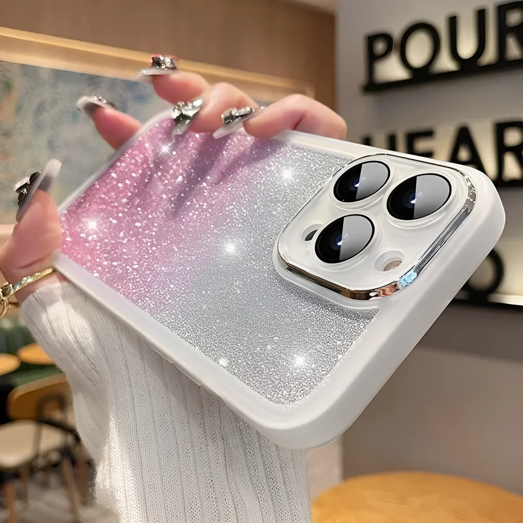 Gradient glitter silicone soft case for iPhone 15 in four colours, Star Silver shown