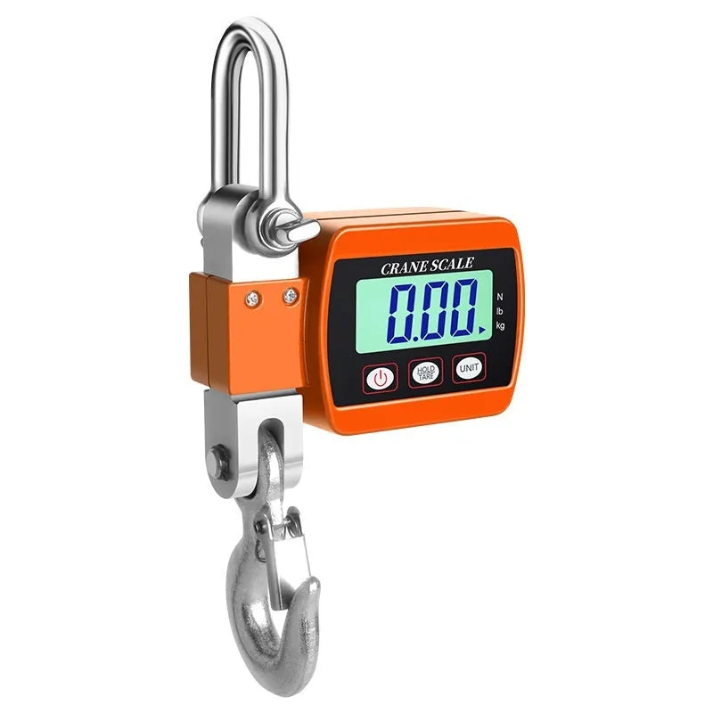 Electronic hook scale digital display showing weight measurement with metal hook