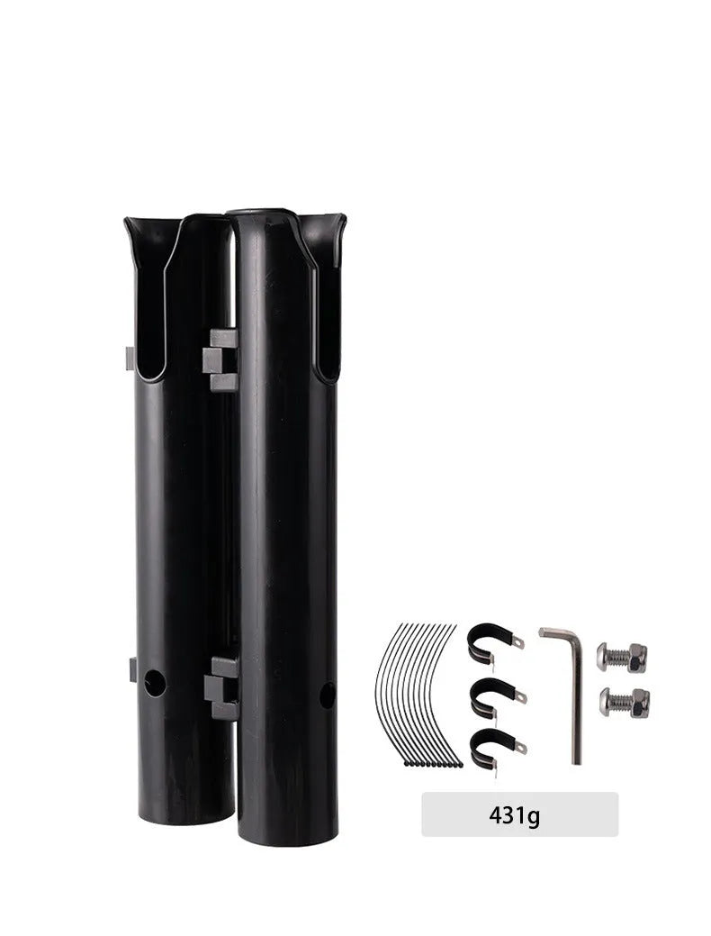 Black plastic fishing rod rack for bicycle and motorcycle mounting with clamp attachment