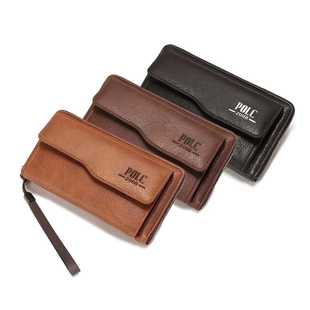 New men's long zipper wallet in black with multiple card slots and large capacity for mobile phone