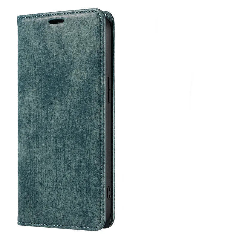 Magnetic flip phone case in grey showing closed magnetic flap and inner card slot for iPhone.
