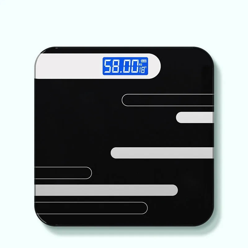 USB rechargeable electronic bathroom scale with cross pattern in black, rose red, or white colour options.