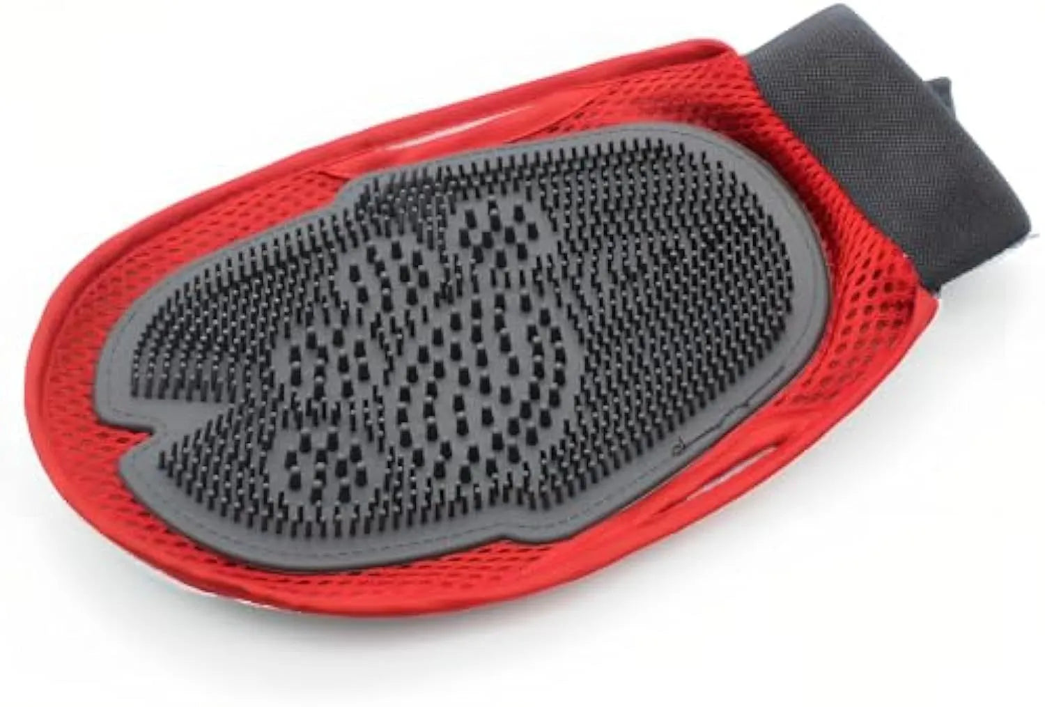 Red pet bathing glove with integrated cleaning brush for washing and grooming dogs or cats.