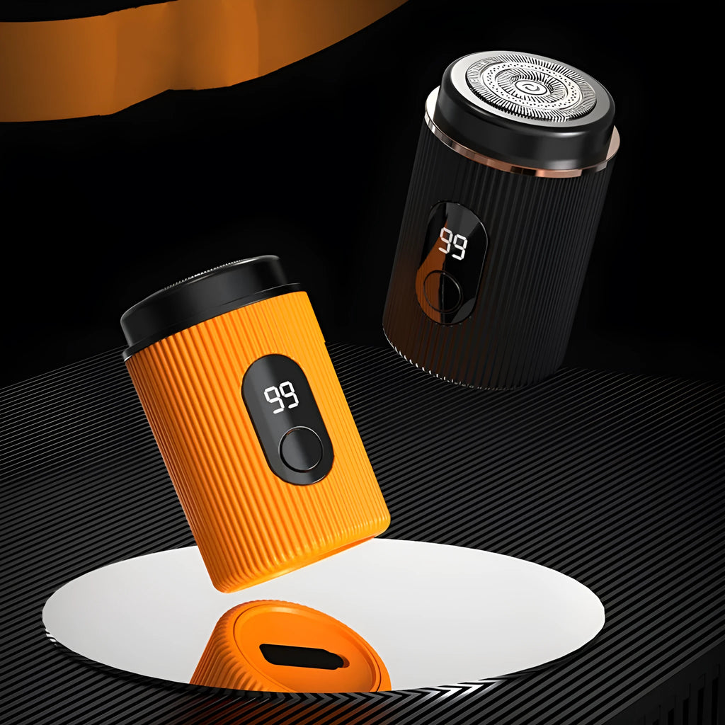 Mini electric shaver for men in Elegant Black or Horse Orange, ABS body, LED display, USB rechargeable, brushless motor.