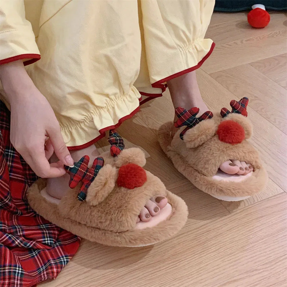 Brown women's fluffy cotton slippers with cartoon deer design, suede upper and PVC sole