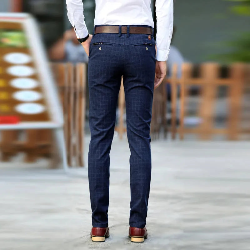 Straight slim Korean style cotton trousers for men in black, check pattern, mid-rise waist
