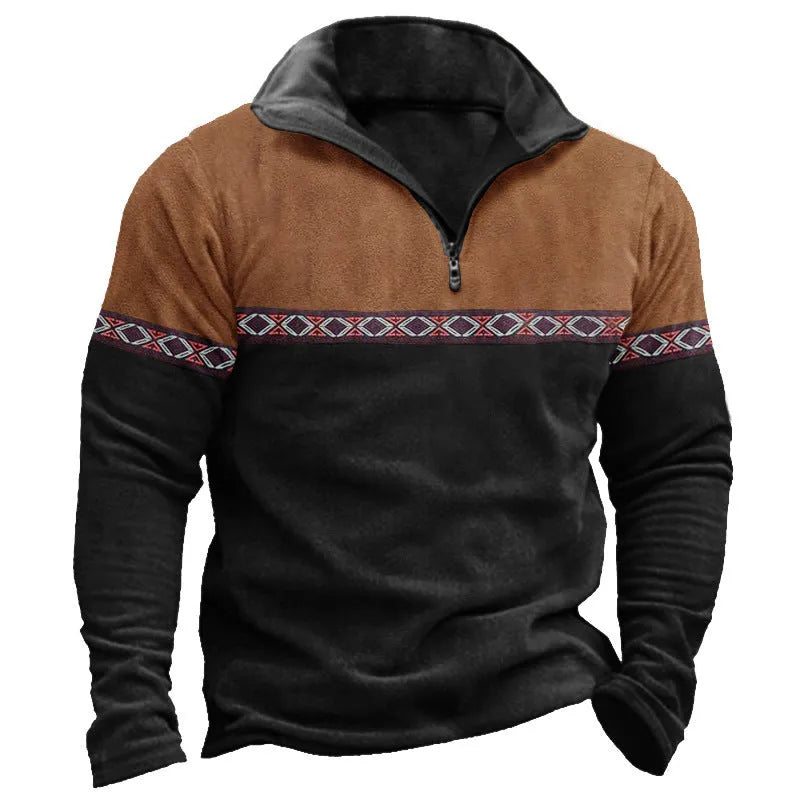Men's retro patchwork patterned zip-front polo sweater in casual style