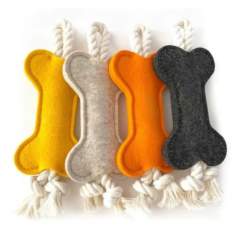 Bone-shaped dog training rope toy with knot construction in felt fabric
