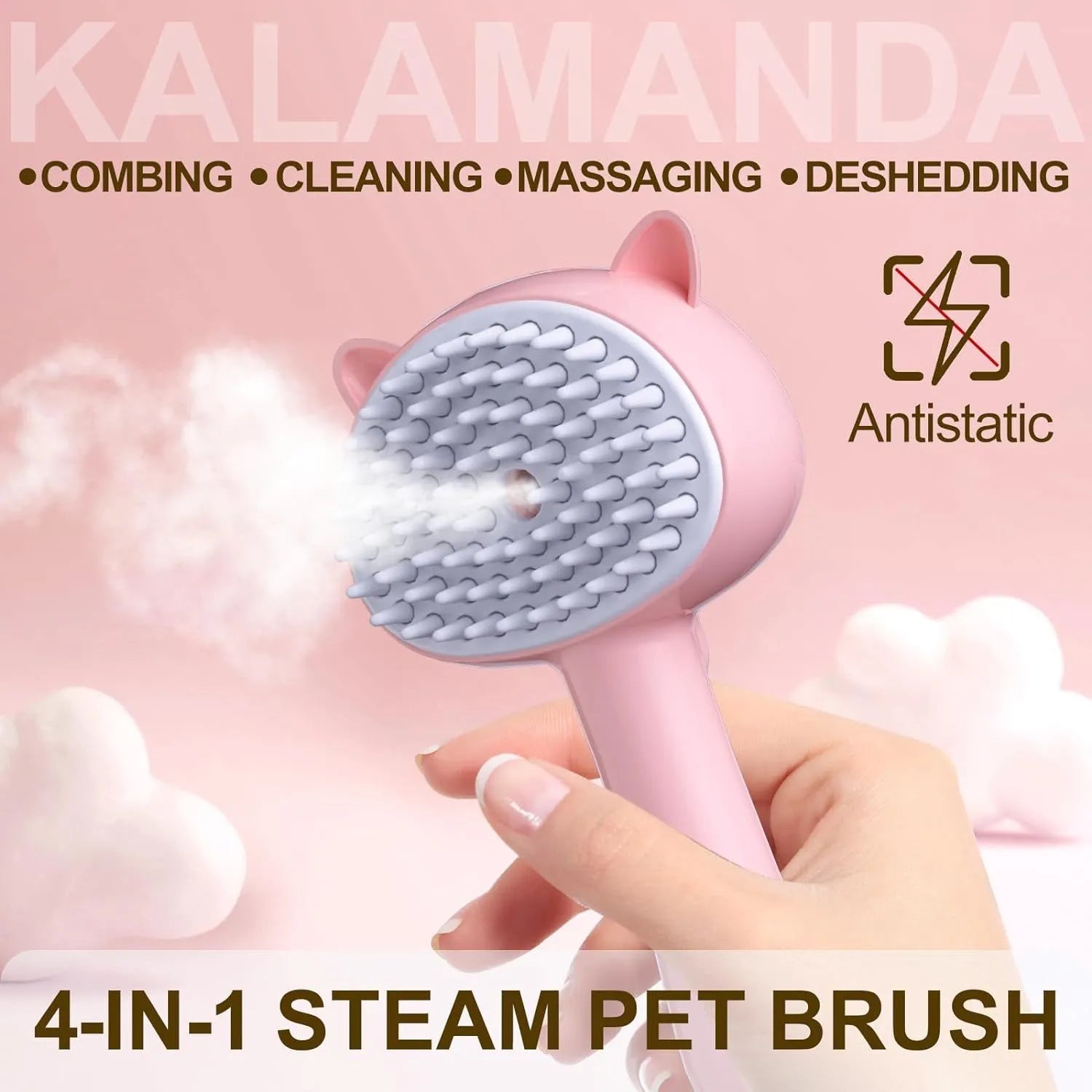 Blue cat ear-shaped steam brush for pet grooming with soft rubber bristles and release button