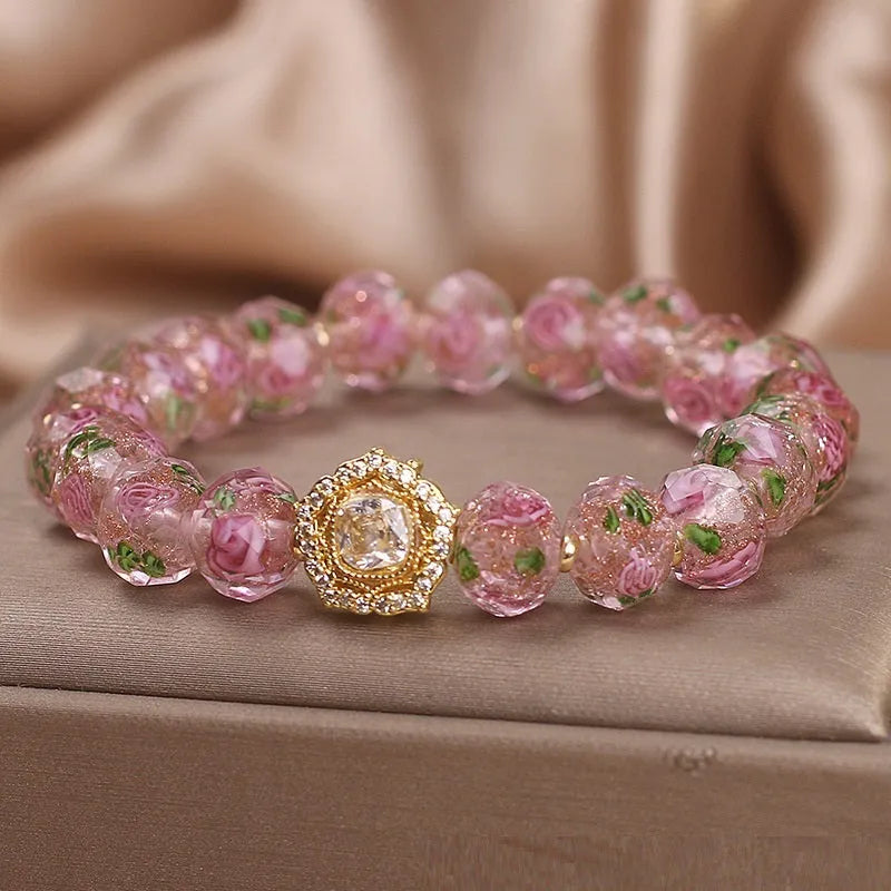 Flower Story pink crystal bracelet women's light luxury electroplated glass coloured glaze bracelet