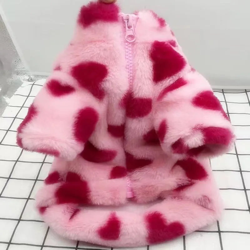 Pink plush-warm polyester dog coat for small breed puppies on a mannequin, showing British style design.