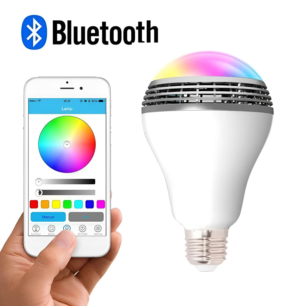 E27 LED smart bulb with built-in Bluetooth speaker, white PC casing, 100x150 mm.