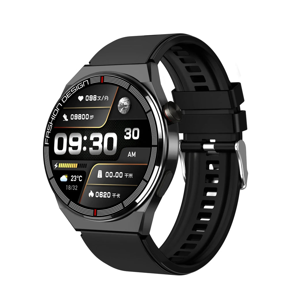 Black smartwatch with a silicone strap showing a heart rate monitoring display on its screen.